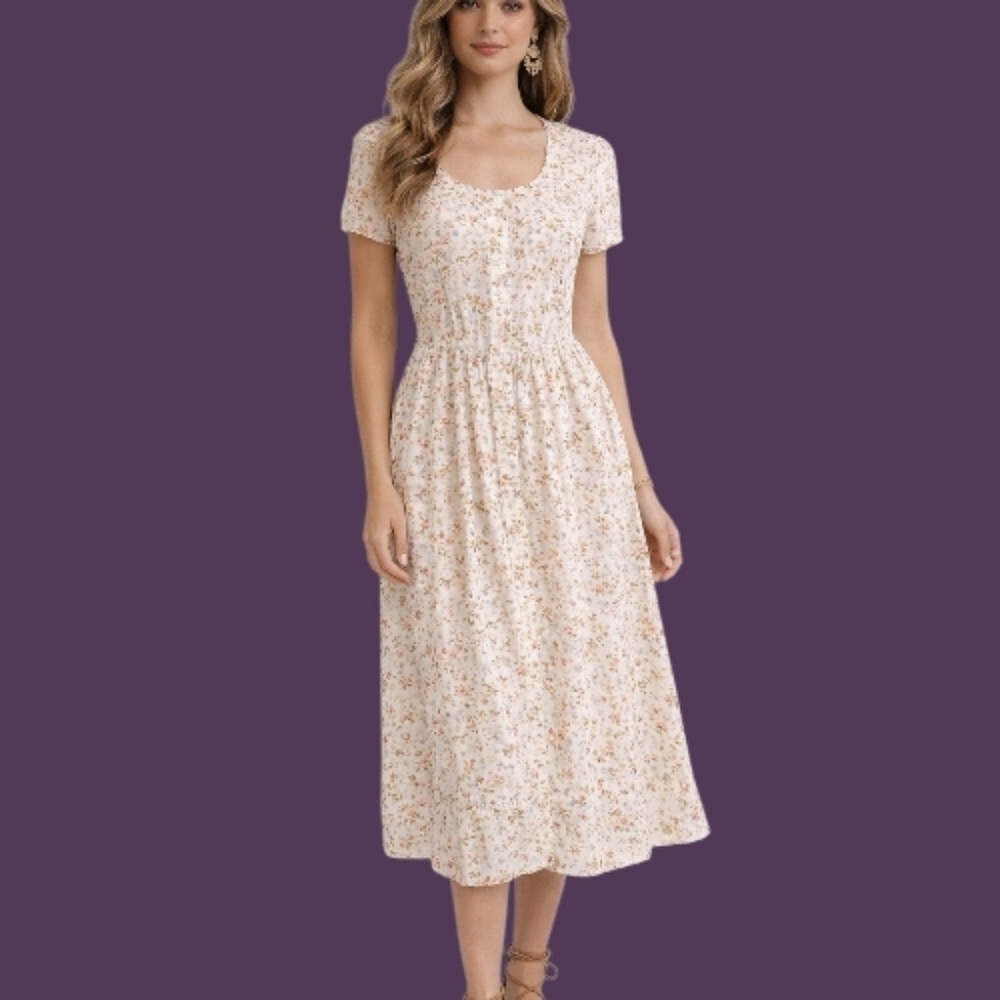 LANZ OF SALZBURG White Floral Rose Cottage Land Girl Button Down Shirt Dress